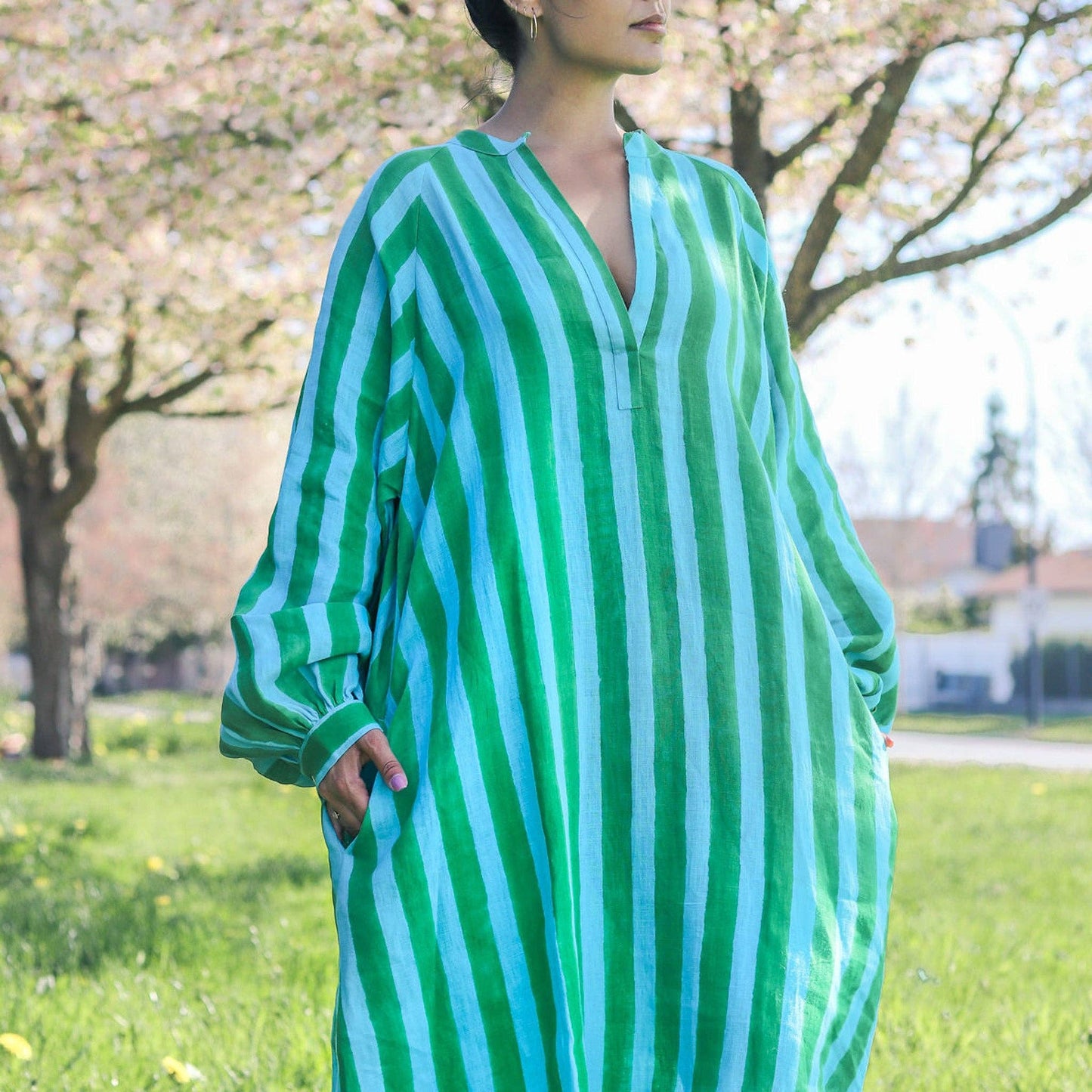 Cabana Stripe Linen Kaftan, AQUA