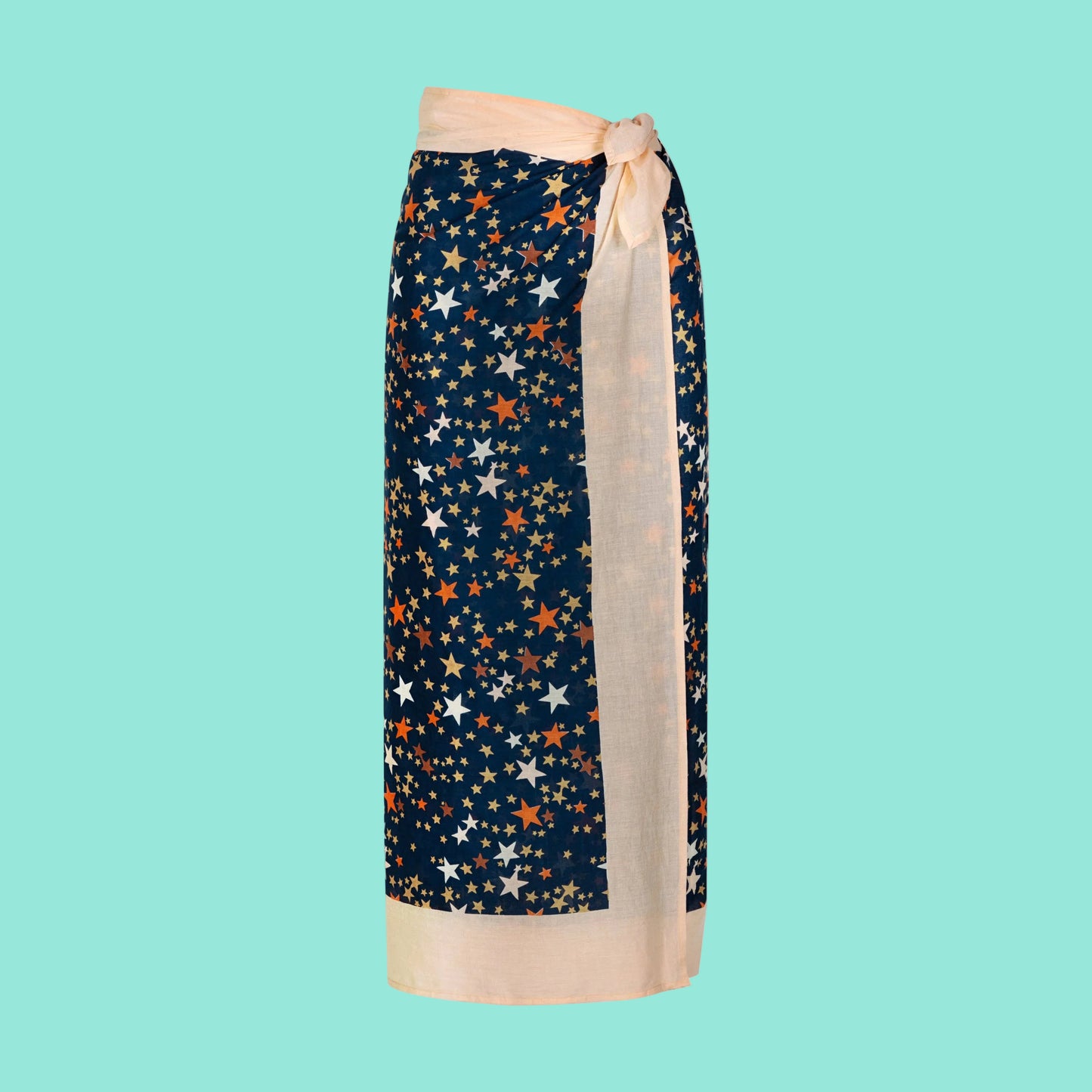 Navy blue skirt with star pattern and beige accents on a white background
