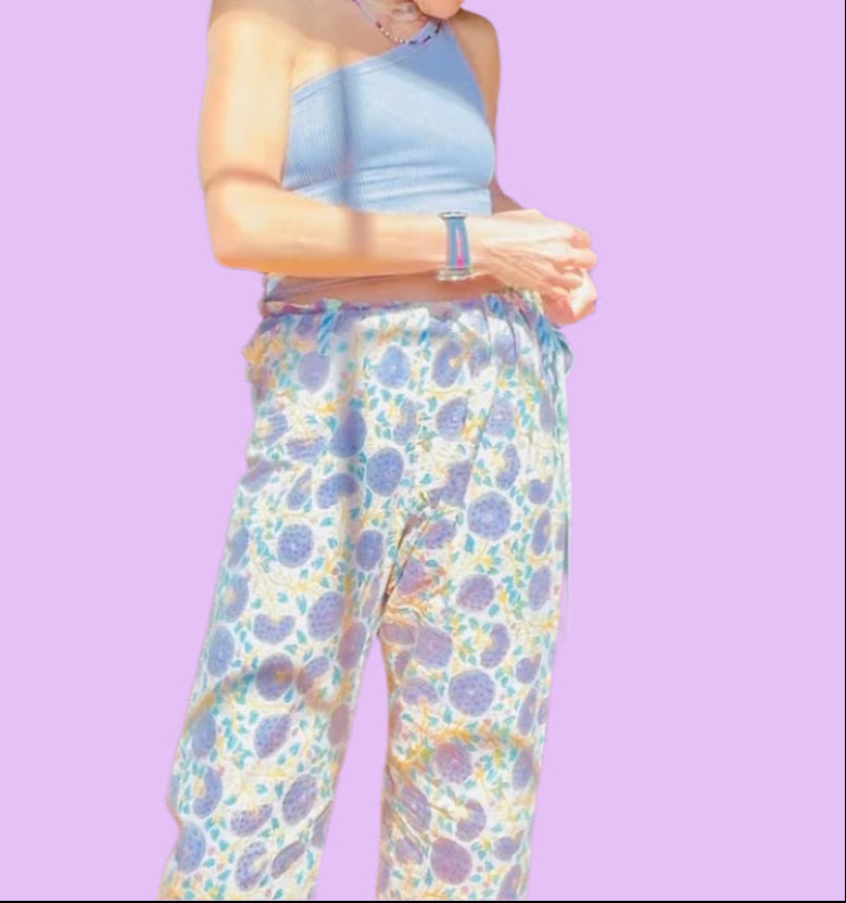 gorgeous floral karate -inspired lounge pants block printed  in india 