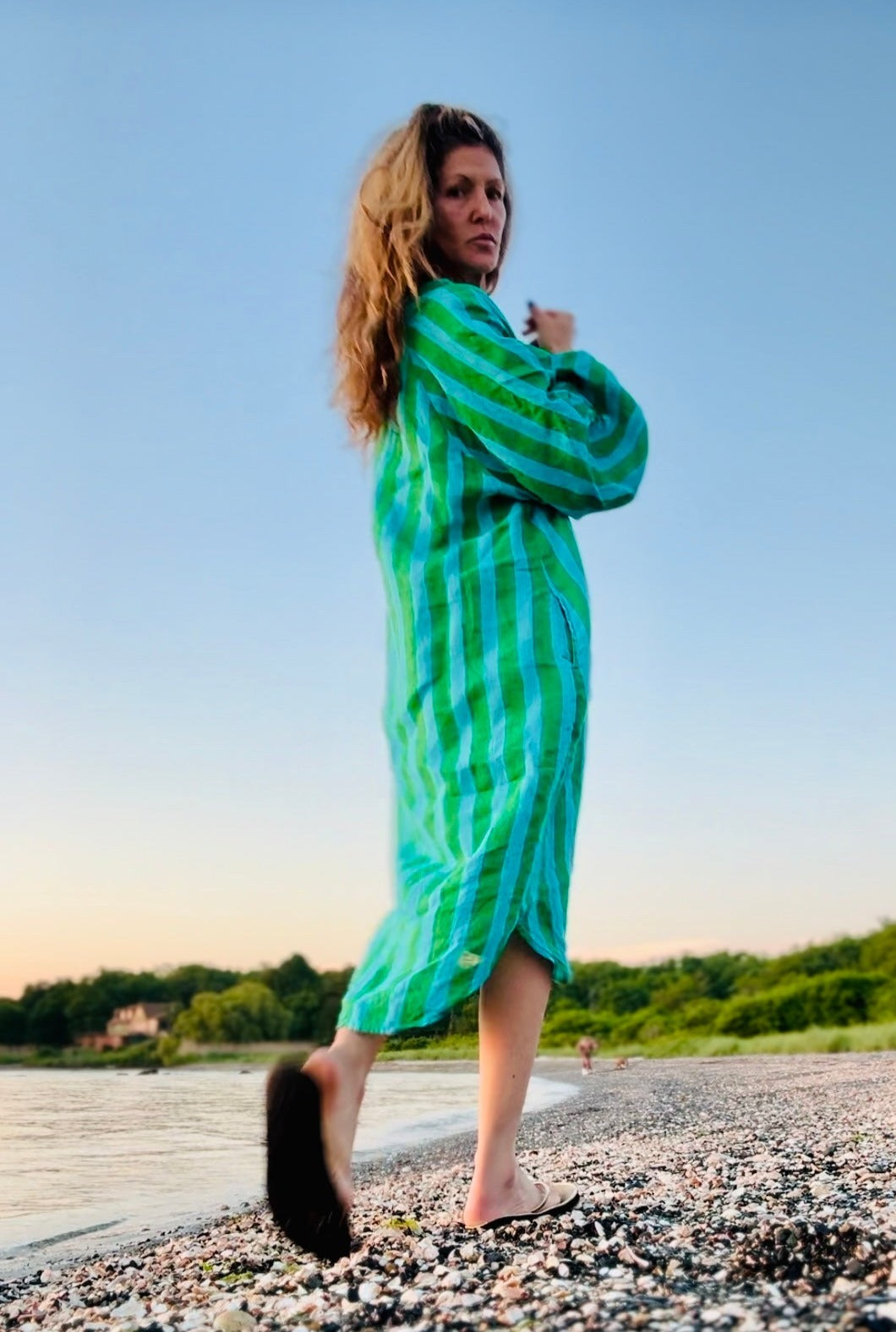 aqua green stripes linen kaftan by kate austen