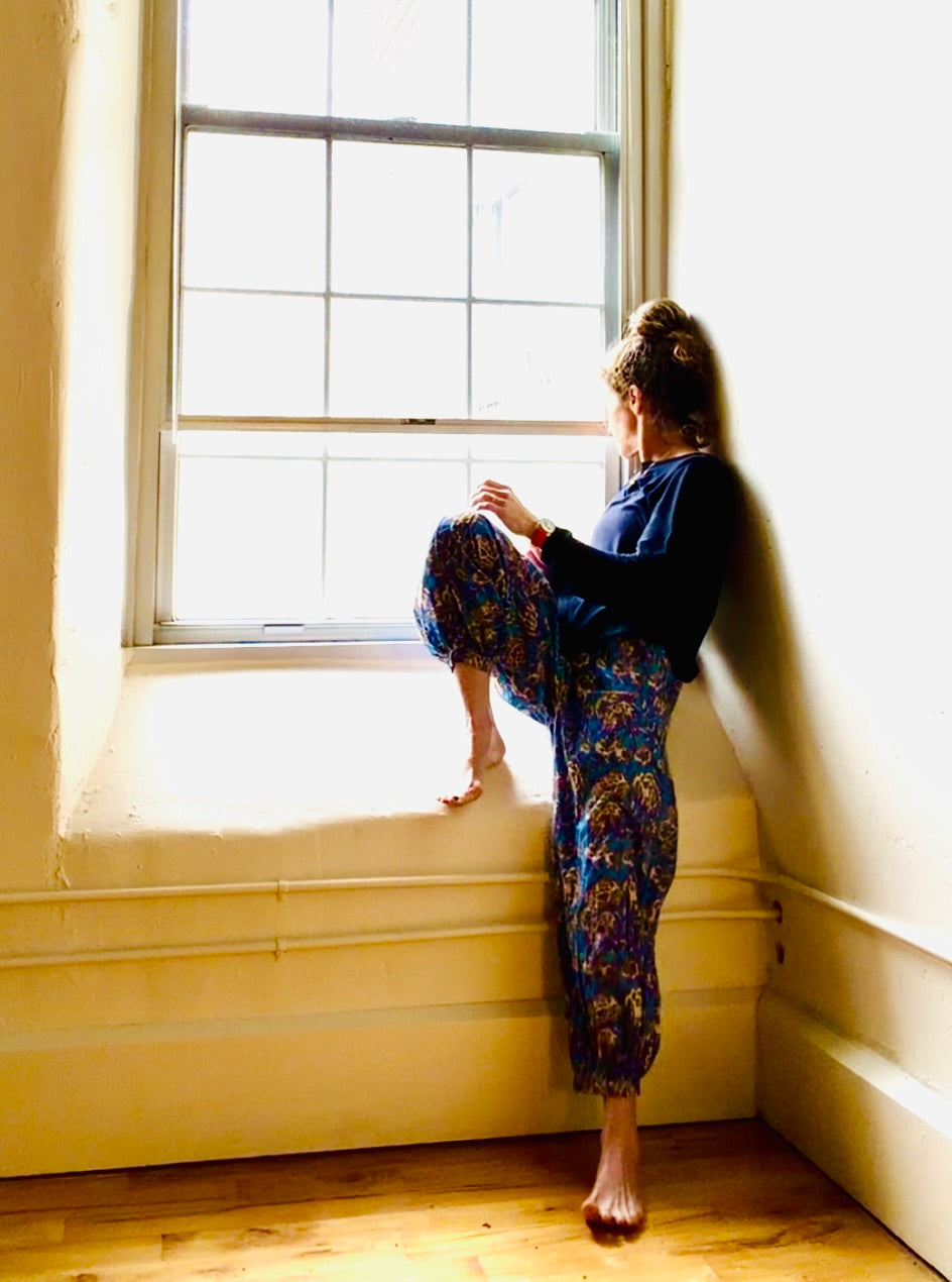 Petra wearing PETRA PANTS wearing a navy blue Vince long-sleeve T and cool POOL PANTS RHODE ISLAND