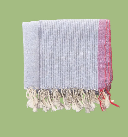 Light blue towel with red border and white fringe on a light gray background
